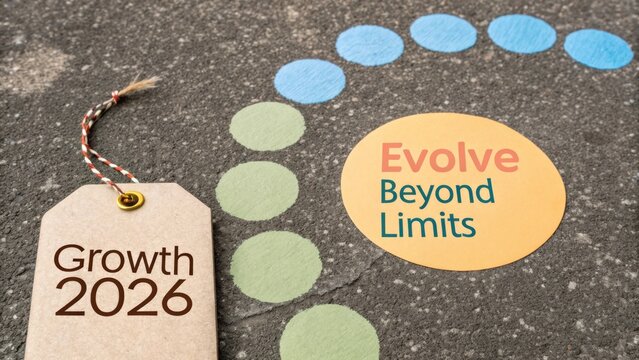 Growth 2026 concept showcasing a pathway with vibrant circles and an encouraging message to evolve beyond limits on pavement