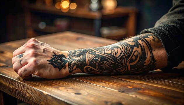 Elaborate dark tattoo design on a man's forearm, resting on a rustic wooden table. This close-up emphasizes the intricate body art and profound personal expression
