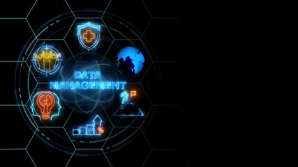 infographic dashboard showing KPIs data management text icon. cube glow with and holographic futuristic technology matrix global security with digital spot light and stretch background 4k. - Powered by Adobe