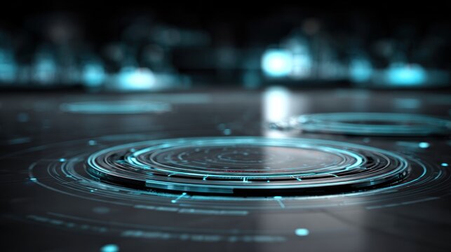 A futuristic, digital interface with blue and black circular elements and glowing lights. - Powered by Adobe
