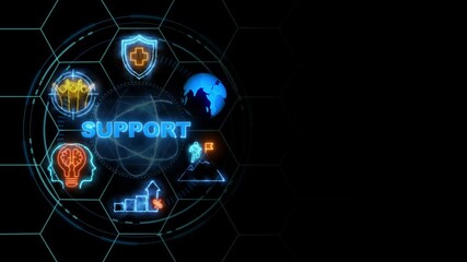 banner of support concept with icons of service, advice, assistance, help, cube glow with and holographic futuristic technology matrix global security with digital spot light and stretch background. - Powered by Adobe
