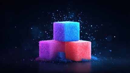 Three colorful sugar cubes with blue and purple sparkles on a dark background.