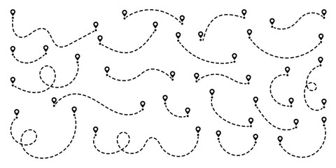 Simple route map icon with location pin. Route dash line with location pin. Route location icon, two pin sign and dotted line road, start and end journey symbol. Vector illustration. EPS 10 © Oliver Vandenberg