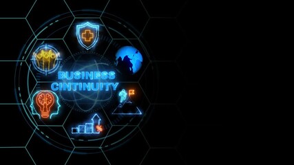 banner of BUSINESS CONTINUITY concept with icons of planning risk management cube glow with and holographic futuristic technology matrix global security with digital spot light and stretch background. - Powered by Adobe