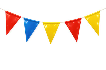 Colorful party bunting string hanging, celebrating festive event decoration with red, blue, yellow flags, transparent background