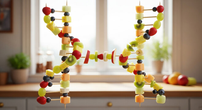 A creative and colorful DNA model made entirely from various fresh fruits, displayed in a kitchen setting.