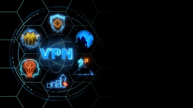 VPN, Virtual private network protocol concept. cube glow with and holographic futuristic technology matrix global security with digital spot light and stretch background. - Powered by Adobe