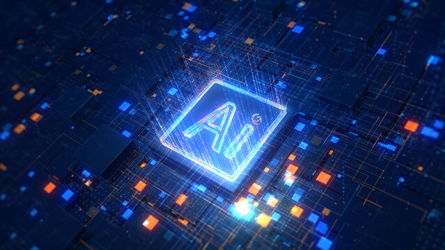 Glowing AI microchip on a digital circuit board background, symbolizing artificial intelligence and futuristic technology. 3d Rendering