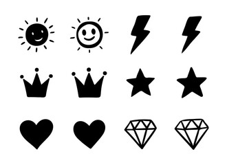 Cute Hand Drawn Doodle Icons of Sun Crown Star Heart and Diamond
