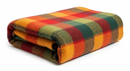 Cozy plaid blanket folded with warm colors of red, orange, green, and yellow on display. Blanket features vibrant plaid pattern, perfect for adding warmth to any home.