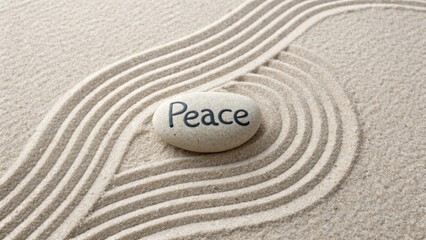 Tranquil stone with the word Peace resting on rippled sand art for meditation and relaxation concepts in serene environments