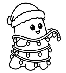 Cute christmas ghost wrapped in string lights wearing santa hat
