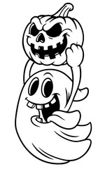 Cheerful ghost flying away with stolen scary pumpkin, tongue out and mischievous grin