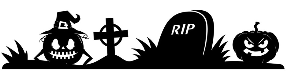 Halloween graveyard border with tombstone, pumpkins and spooky scarecrow, RIP cross and dark ground silhouette. october night