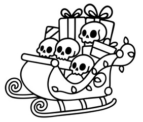 Christmas sleigh full of skulls and wrapped gifts, spooky crossover of halloween and xmas