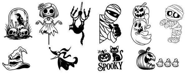 Halloween Spooky Characters Set — Crow on Skulls, Scared Hanging Cat, Zombie from Corner, Ghost with Pumpkin, Wrapped Mummy, Black Cat with Jack O’Lantern, Giant Pumpkin Chasing Ghosts, Sally Doll, Oo