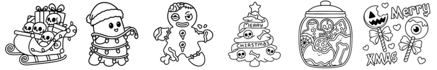 Halloween and Christmas Crossover Characters Set — Zombie Gingerbread Man with Brains, Spooky Christmas Tree with Skulls, Pumpkin Jar with Eyeballs, Ghost with Happy Halloween Sign, Festive Snowman an