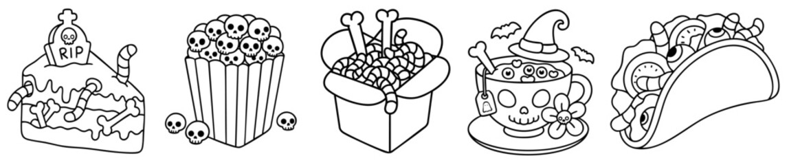 Halloween Creepy Food Set — Spooky Cupcake with Bones, Popcorn with Skulls, Worm Noodles, Witch Mug and Haunted Taco