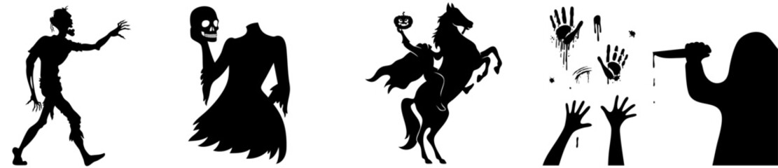 Halloween Horror Silhouettes Set — Zombie, Headless Horseman, Scary Hands, Grim Reaper and Ghost Shadows