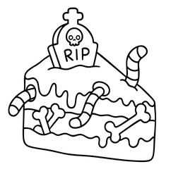 Slice of creepy cake decorated with worms, bones and tombstone RIP, halloween dessert with spooky cemetery 