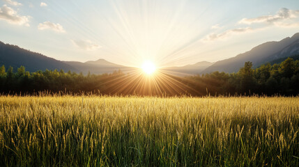 Fototapeta premium Golden rays of sunlight illuminate serene field at dawn, creating warm and peaceful atmosphere
