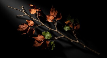 Branch with fallen leaves showcasing autumn colors on dark background. Branch displays vibrant hues of orange and green leaves among twigs, highlighting seasonal changes.