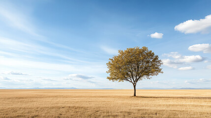 Obraz premium Lonely tree standing in wide field under blue sky evokes sense of poetic silence