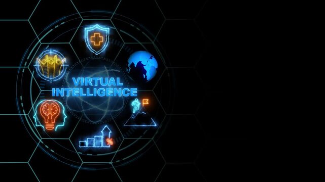 virtual intelligence neon text .internet and networking concept, cube glow with and holographic futuristic technology matrix global security with digital spot light and stretch background 4k video. - Powered by Adobe