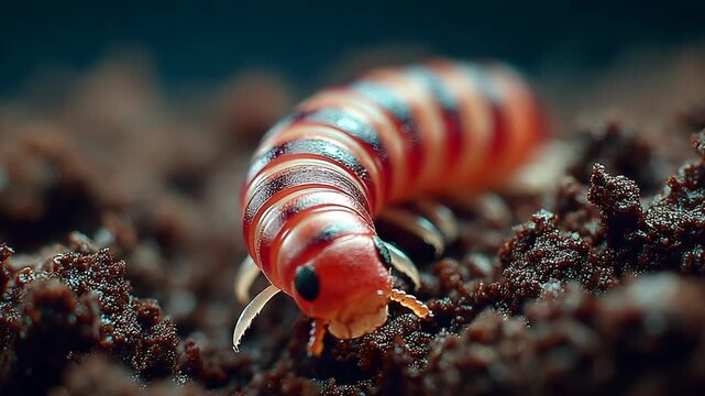 Close-up of a vibrant caterpillar on soil
