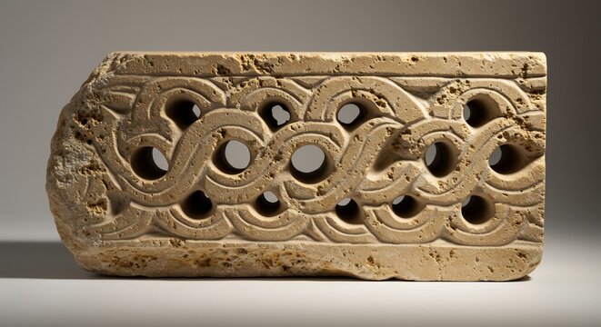 Ornate stone fragment featuring intricate looping carvings and prominent evenly spaced circular perforations
