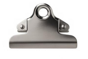Metal clipboard clip capturing documents, a versatile office stationery tool on transparent background