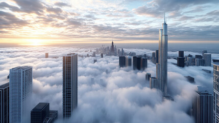 Futuristic city skyline emerging from dense clouds sunrise, showcasing towering skyscrapers