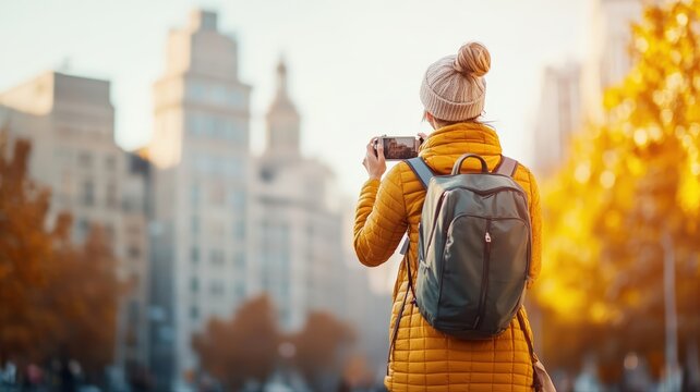 Young traveler in autumn city explores and captures vibrant urban landscape with smartphone. Enjoying golden hour photography, tourism, and seasonal outdoor adventure