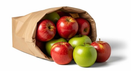 Fresh apples in brown paper bag with red and green varieties spilling out. Crisp apples are perfect for healthy snacks or baking delicious desserts. Concept apples for fruit recipes and grocery ads.