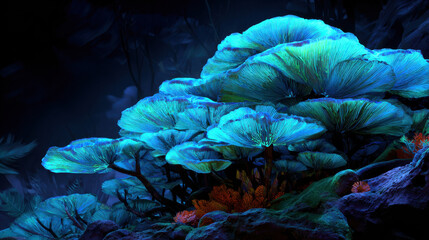 Fototapeta premium Vibrant blue coral reef system showcases stunning sand formations and intricate dome shapes, creating mesmerizing underwater landscape