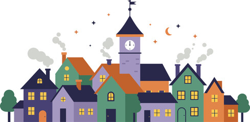 Naklejka premium Nighttime village scene with colorful houses and a clock tower under a starry sky