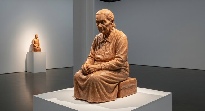 Seated older female sculpture skintoned in a gallery on a white pedestal with another statue in the background