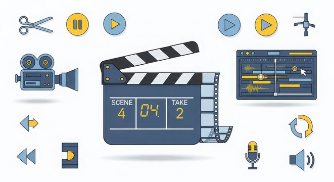 Filmmaking and video production icons set clapperboard camera editing software scissors play stop and more for digital content creation illustration - Powered by Adobe
