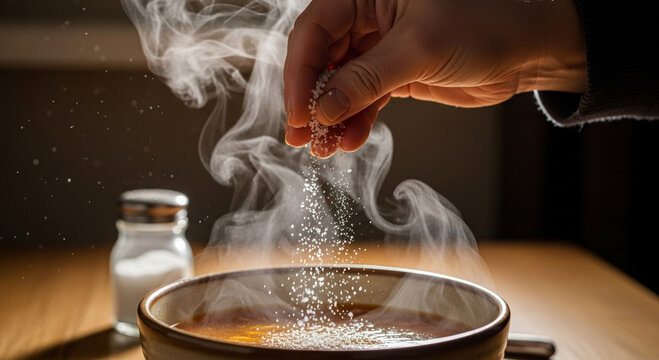 Close-up shot of a hand sprinkling salt over a steaming bowl of food on a wooden table.