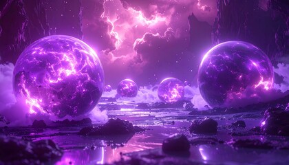 Mystical Purple Orbs Reflecting in Water Under a Cloudy Sky.