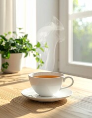 Obraz premium 明るいオークのテーブルに白いカップの紅茶 柔らかな湯気とミニマルな室内光