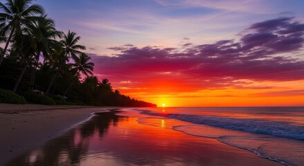 Vibrant Tropical Sunset Beach with Palm Trees and Ocean Waves