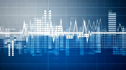 A digital visualization showcasing white waveforms and grid lines against a gradient blue background, possibly representing data - Powered by Adobe