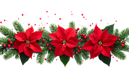 Christmas tree branches and red poinsettia flower in a holiday line arrangement isolated on white background