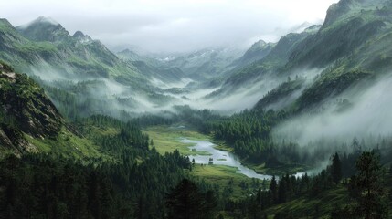 Verdant valley landscape with a winding river and peaks, shrouded in atmospheric mist