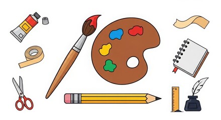 Artistic creation tools collection featuring paintbrushes palette crayons scissors pencil notebook inkwell and watercolor tubes for creative projects illustration