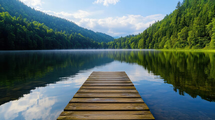 Fototapeta premium Calm lake reflecting lush green trees under blue sky creates serene atmosphere