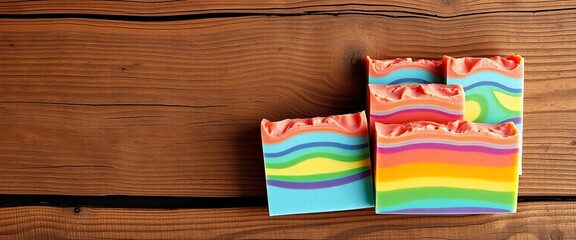 Fototapeta premium Vibrant rainbow soap bars arranged on rustic wood, handmade, rainbow