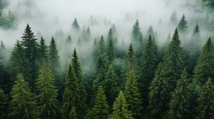 Fototapeta premium Misty forest landscape with evergreen trees shrouded in fog creates serene atmosphere