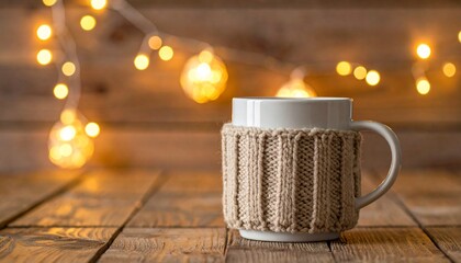 ニットで包まれたマグカップと木の質感 暖かな冬の灯り